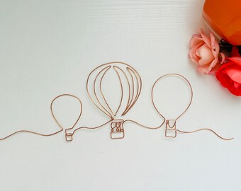 Hot Air Balloon Wire One Line Copper Hanging Decor Nursery Metal Whimsical Wall Simple Silver Gold Baby Shower Gift Mobile Cute Outline Art