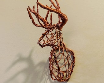 Handmade Deer Head Mount Bust Sculpture Wire Rack Metal Trophy Custom Buck Geometric Copper Wall Art Silhouette Antlers Hunter Gift