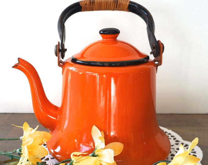 Vintage Orange Enamel Teapot Kettle Enamelware Japan Fixer Etsy