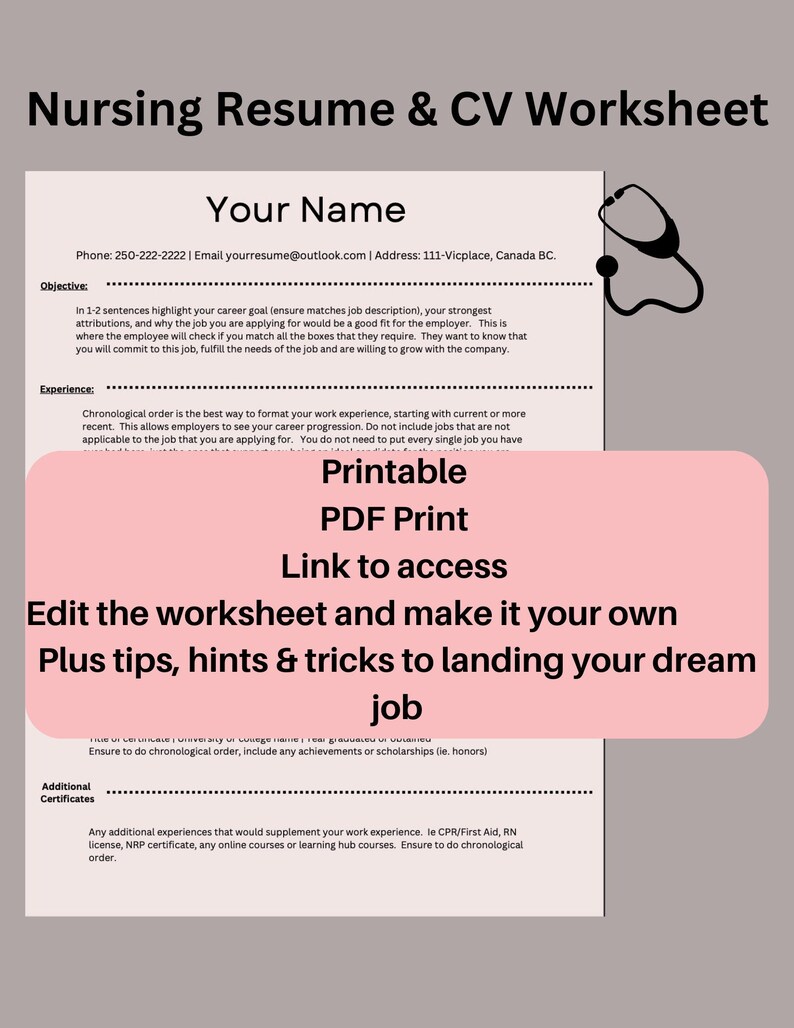 Nursing Resume & CV Worksheet Etsy