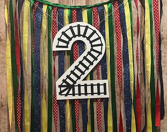 Train Party High Chair Banner and Ribbon Skirt Set - Chugga Chugga Two Two, All Aboard, Birthday Crossing