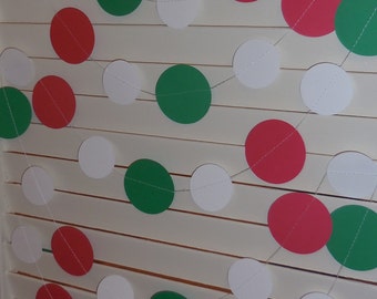 Christmas Paper Garland, Red Green and White Paper Circle Garland, Holiday Banner,