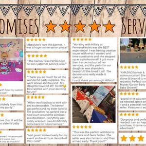 May include: A wooden sign with the words "PROMISES SERVICE" and star ratings. The image features customer reviews with party decorations, banners, and cake tables. The reviews mention custom banners and party supplies.