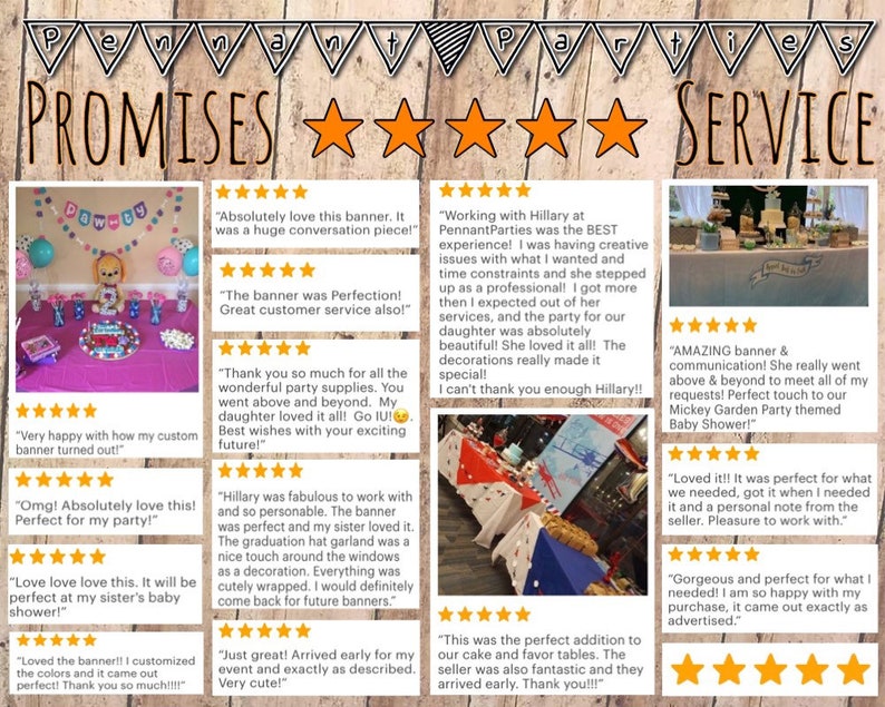 May include: A wooden sign with the words "PROMISES SERVICE" and star ratings. The image features customer reviews with party decorations, banners, and cake tables. The reviews mention custom banners and party supplies.