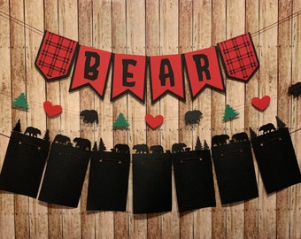 Bear Banner Buffalo Plaid Party Banner Set Bear Birthday Picture Display Lumberjack Decor Tree Garland Half Birthday Cake Smash Decorations