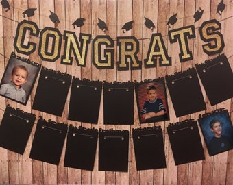 Graduation Party Banner Set - Photo Banner, Customizable Congrats Banner, and Grad Cap Garland