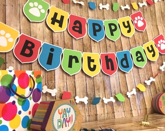 Paw Print Birthday Banner Set, Dog Birthday Party Theme, Puppy Name and Birthday Banner Decorations, Happy Birthday Banner