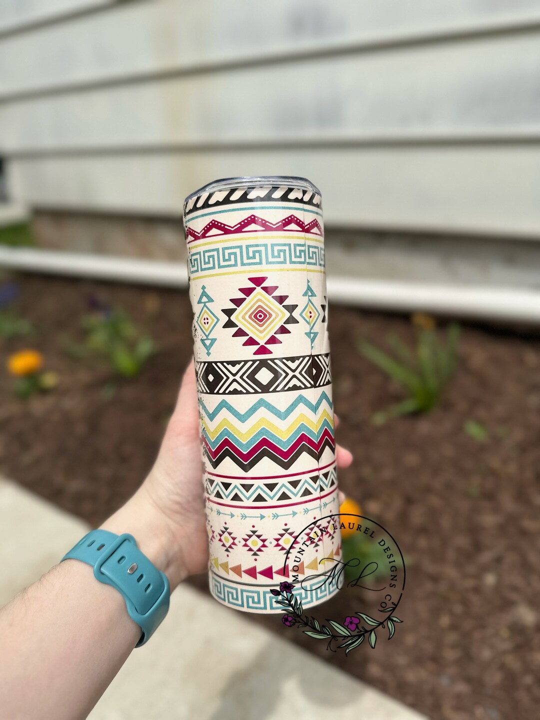 30 oz Insulated Black Tumbler with Argentina Cow Leather Cowhide with teal spots Inlay Sleeve. main image 0