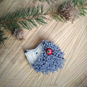 Brooch grey beaded Hedgehog, animal beaded brooch, handmade hedgehog with apple, mother day gift, birthday beads pin, for girl for woman