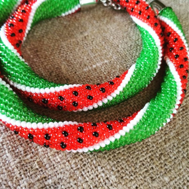 Watermelon red green beaded crochet necklace Fruits print image 0