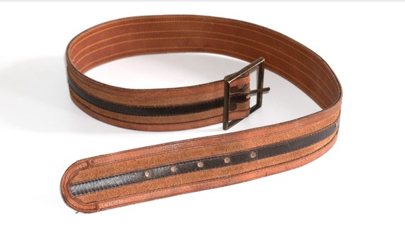 Brown Leather Belt With Stripe & Square Buckle - Etsy display picture 3
