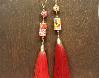 Ceramic Hand Painted Small Ball and Barrel with Gold Plated Chain and Tassel