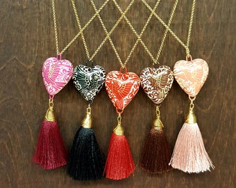 Ceramic Hand Painted Heart with Gold Plated Chain and Tassel