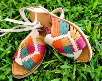 Multicolored open toe lace up alpargatas sandals. Mexican huaraches. LuciernagaMXFolkWare™