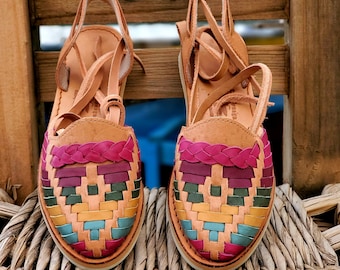 Multicolored and Tan Lace Up Alpargatas Sandals. Mexican huaraches. LuciernagaMXFolkWare™