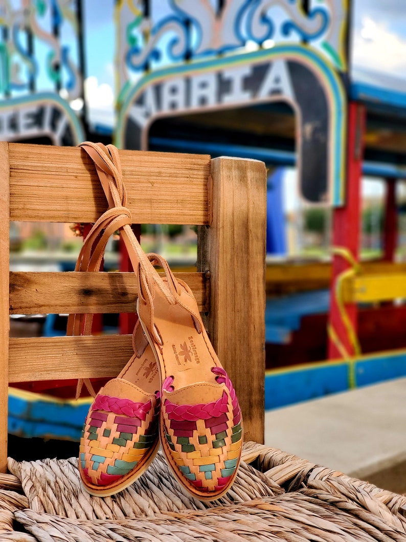 Multicolored and Tan Lace Up Alpargatas Sandals. Mexican huaraches. LuciernagaMXFolkWare™ image 3