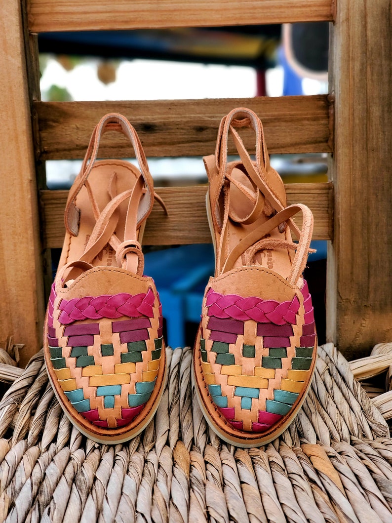 Multicolored and Tan Lace Up Alpargatas Sandals. Mexican huaraches. LuciernagaMXFolkWare™ image 1