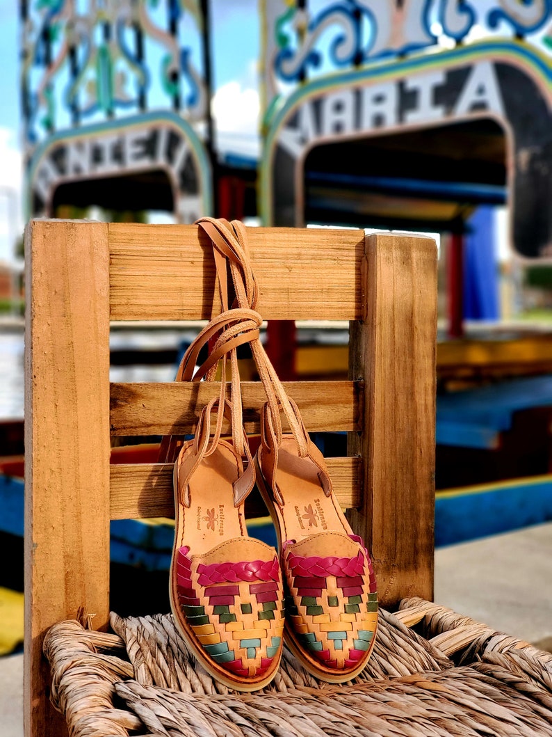 Multicolored and Tan Lace Up Alpargatas Sandals. Mexican huaraches. LuciernagaMXFolkWare™ image 2