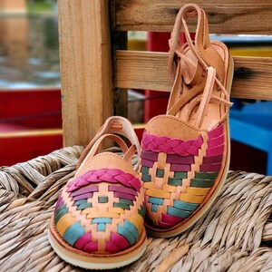 Multicolored and Tan Lace Up Alpargatas Sandals. Mexican huaraches. LuciernagaMXFolkWare™ image 6