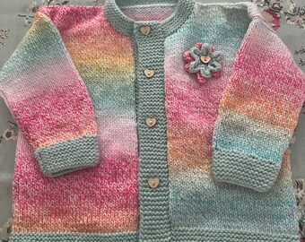 Girls baby/toddler cardigan sweater in 3-4 yrs hand knitted in pastel rainbow with wooden heart button detail - ready to post