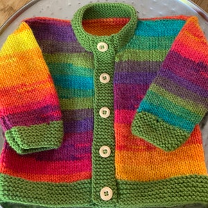 Girls baby/toddler cardigan sweater hand knitted in rainbow stripes with wooden button detail various sizes available image 1