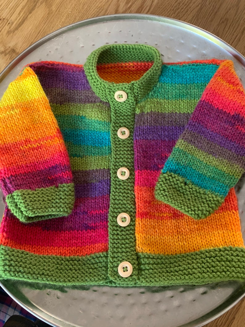 Girls baby/toddler cardigan sweater hand knitted in rainbow stripes with wooden button detail various sizes available image 1