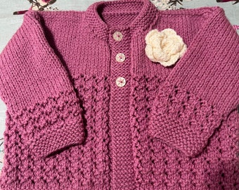 Baby Girls cardigan sweater 1-2years hand knitted in pink with crochet rose detail - ready to post