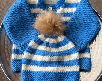 Baby boys cardigan sweater & pompom hat to fit 6-9 mths hand knitted in blue/cream - ready to post