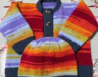 Baby boys cardigan sweater & hat hand knitted 6-12 mths in muted rainbow stripes - ready to post.