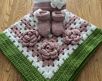 crochet blanket baby girls set inc rose detail hat bootees in pink white green to fit 0-6mths- ideal baby shower gift. Ready to ship