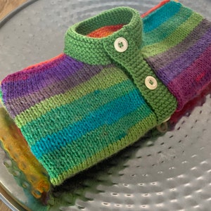 Girls baby/toddler cardigan sweater hand knitted in rainbow stripes with wooden button detail various sizes available image 2