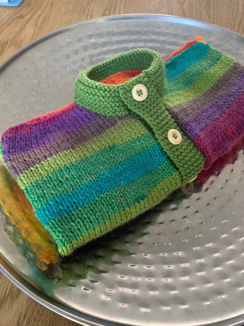 Girls baby/toddler cardigan sweater hand knitted in rainbow stripes with wooden button detail various sizes available image 2