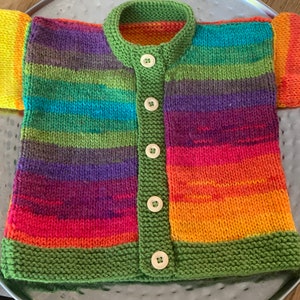 Girls baby/toddler cardigan sweater hand knitted in rainbow stripes with wooden button detail various sizes available image 3