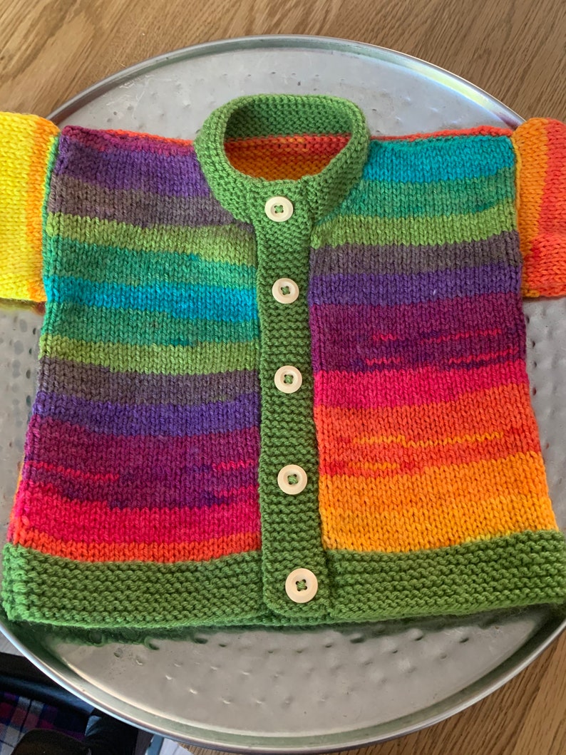 Girls baby/toddler cardigan sweater hand knitted in rainbow stripes with wooden button detail various sizes available image 3