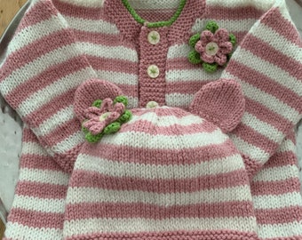 Baby Girls cardigan sweater hat set hand knitted in pink/cream/lime with knitted flower detail various sizes available