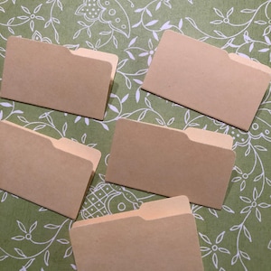 May include: Five brown paper file folders with a tab on the top right corner. The folders are arranged on a green background with a white floral pattern.