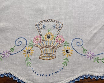 Vintage Hand Embroidered Round Tablecloth – 33” Floral Basket Table Topper D29