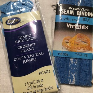 May include: Two packages of blue trim. The first package is for jumbo rick rack crochet and the second package is for flexi-lace seam binding. Both packages are from Wrights.