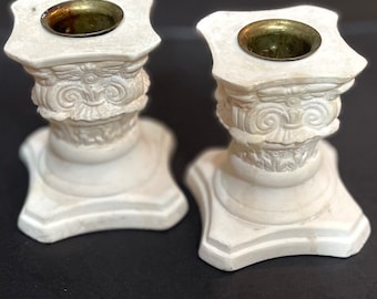 Pair of Greek Column Vintage Candle Holders, Modern Ceramic Matte, White Pillar Candlesticks, Boho Wedding Decor, Date Night, Eclectic 80’s