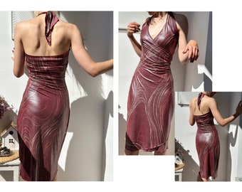 Vintage retro dress / cut out tie front halter dress / vintage evening dress / formal disco dress / burgundy midi dress / made in UK /S size