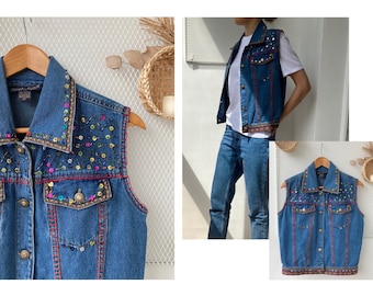 90s denim vest / vintage sequins vest / bohemian genderless vest / denim jean waistcoat / blue jean denim sleeveless