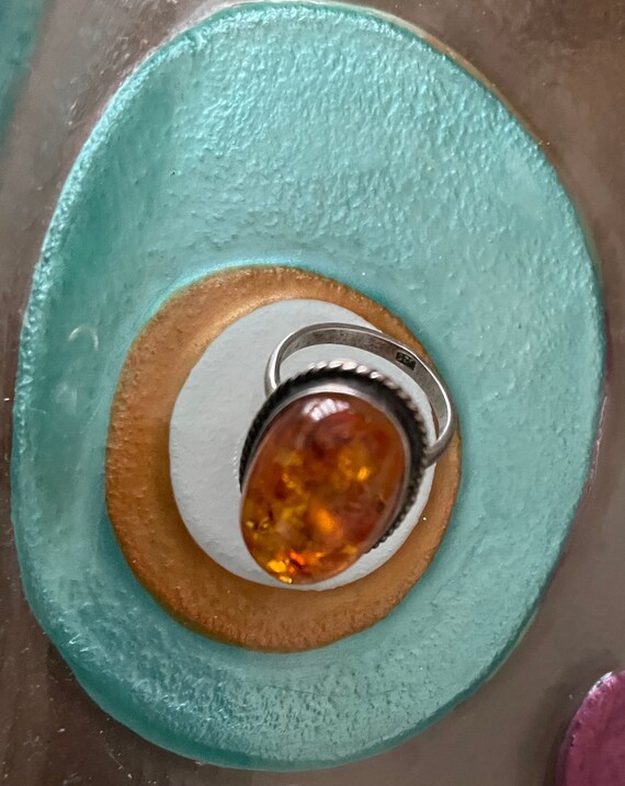 Vintage Amber Cabochon Ring set in a Delicate Ste… - image 1
