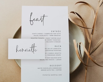 Wedding Menu and Place Card, Feast Menu Card Template, Modern Place Cards, Table Setting, Printable Menu Download, Lovers