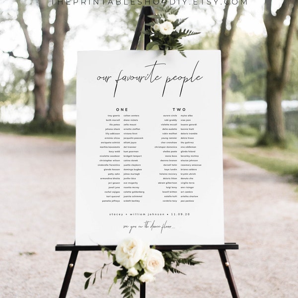 Wedding Seating Chart Long Tables, Our Favourite People, Banquet Table Plan, Modern Seating Plan Template