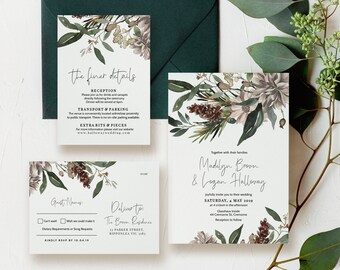 Greenery wedding invitation templett | Rustic wedding invites | Printable stationery | Native wedding invitation and rsvp, MADELYN