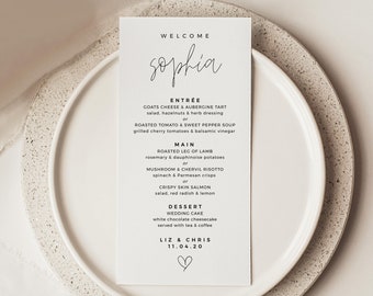 Menu met gastnaam, menuplaatskaart, minimalistisch bruiloftsmenu, afdrukbare bruiloftsmenusjabloon, gepersonaliseerde menukaart, Boho