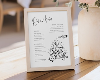 Hand Drawn Wedding Bar Menu Template, Printable Illustrated Bar Sign Download, Scribble Drinks Menu Sign, Champagne, #Kindred