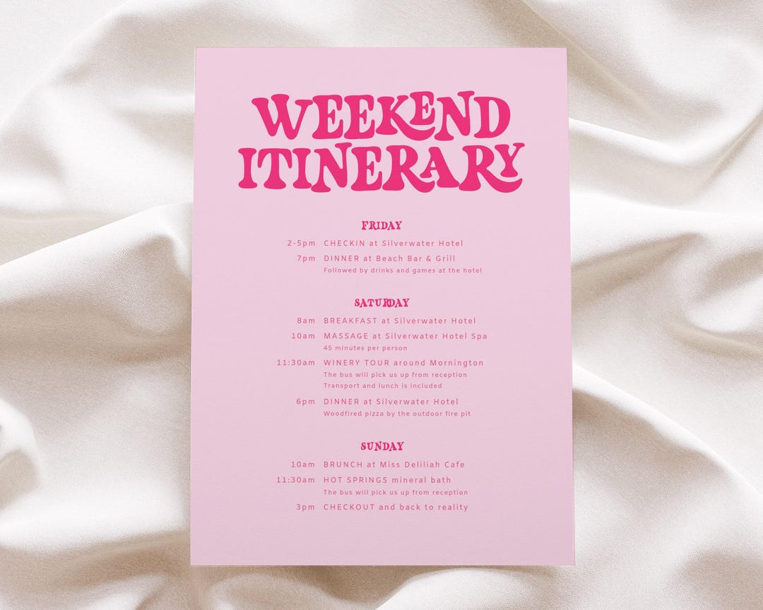 Hen Weekend Loading Hens Party Itinerary Pink, Printable Hens Weekend Itinerary Template ...