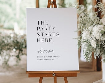La fête commence ici signe, modèle de plaque de bienvenue de mariage moderne, téléchargement de plaque de mariage imprimable, décoration de mariage minimaliste, VIENNE