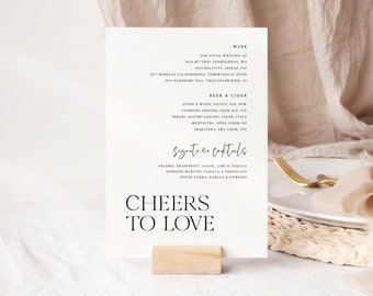 Modern Wedding Bar Menu Sign Download, Printable Wedding Sign, Drinks Sign Template, Cheers to Love Sign, SWEETHEART